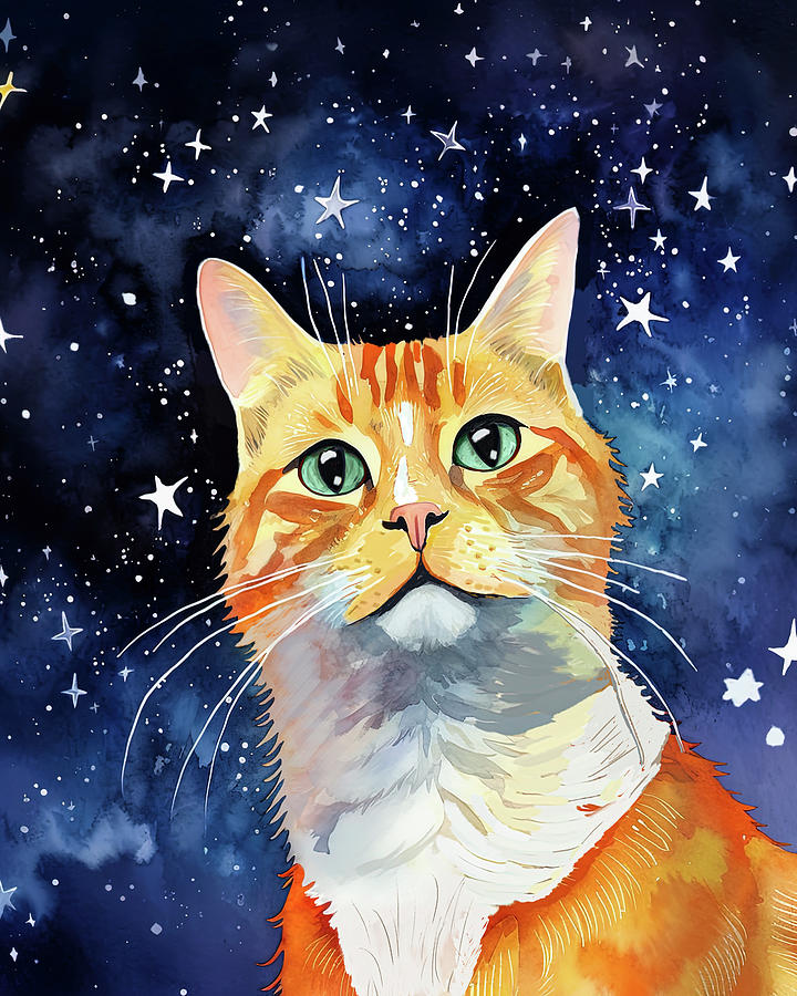 Ginger Tabby Cat On A Starry Night Digital Art by Mark Tisdale
