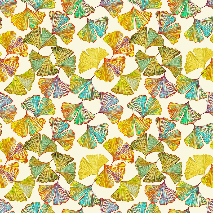 Gingko Leaves On Floor Seamless Pattern. Watercolor Illustration, Floral Abstract Art. Drawing
