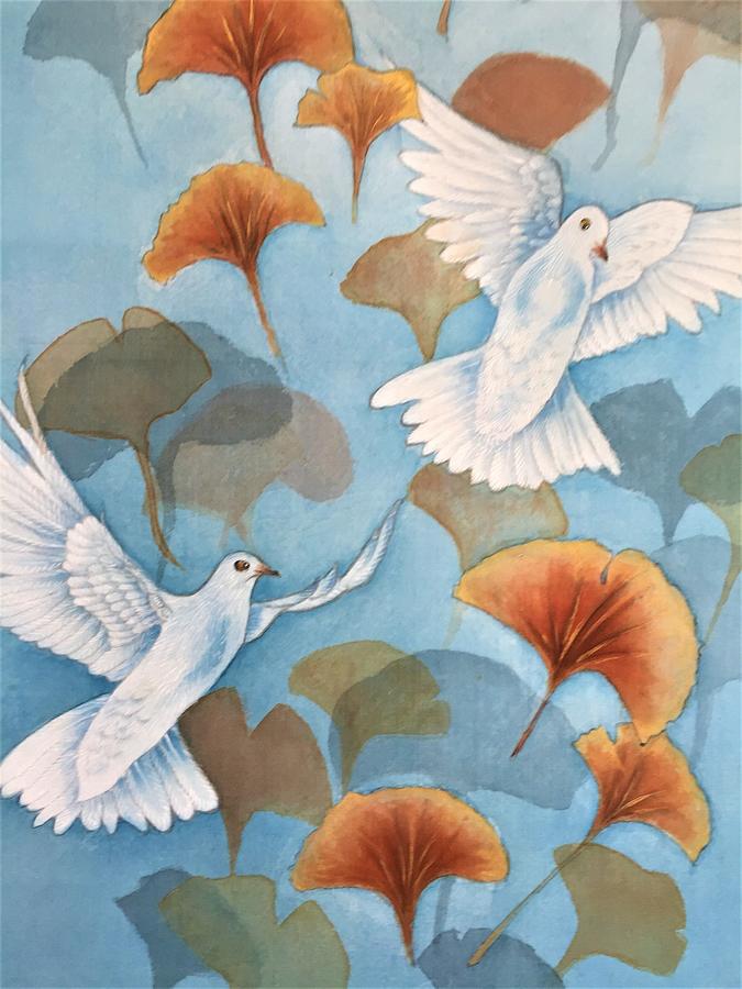 Ginkgo and Doves Painting by Vina Yang
