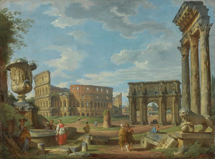 Giovanni Paolo Panini CAPRICCIO OF ROMAN MONUMENTS WITH THE COLOSSEUM ...