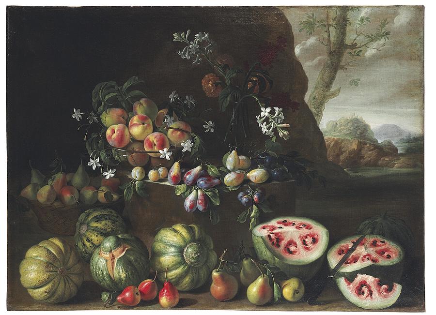  Giovanni Stanchi  Rome c  1645-1672   Watermelons  peaches  pears and other fruit in a landscape   Painting by Giovanni Stanchi Dei Fiori