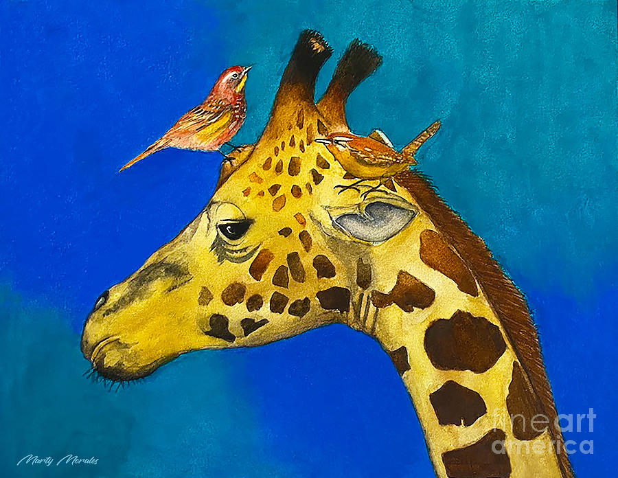 Giraffe and Birds V1 Mixed Media by Martys Royal Art
