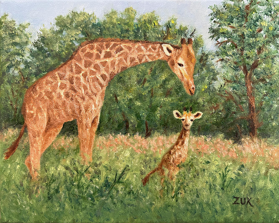 Giraffe and Calf Painting by Karen Zuk Rosenblatt