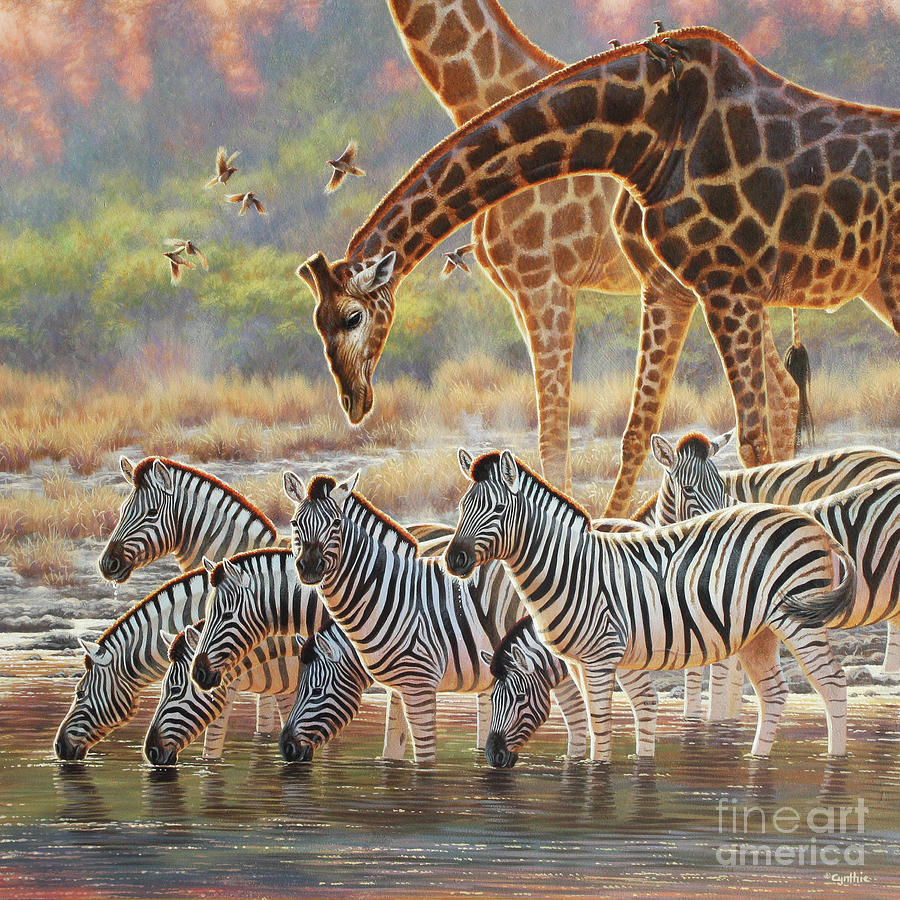 Giraffe And Zebra Painting by Cynthie Fisher