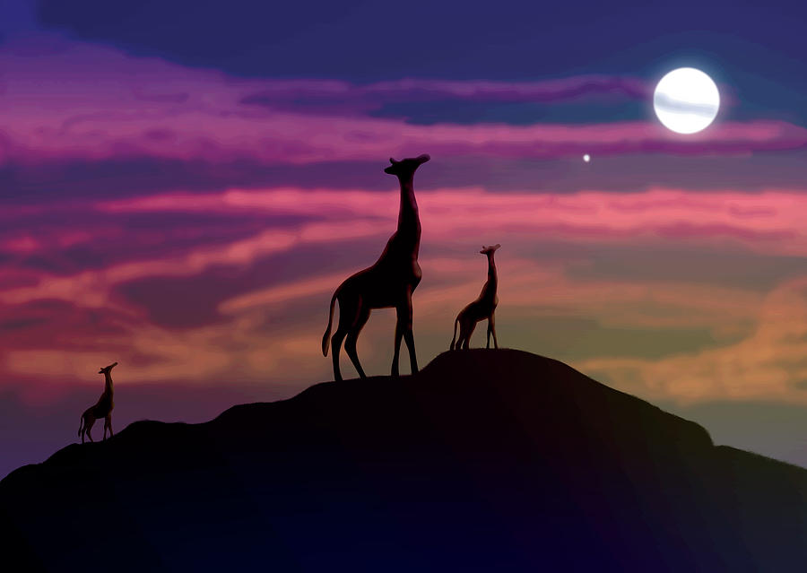 Sunset Digital Art - Giraffe family safari by Justin Cobb