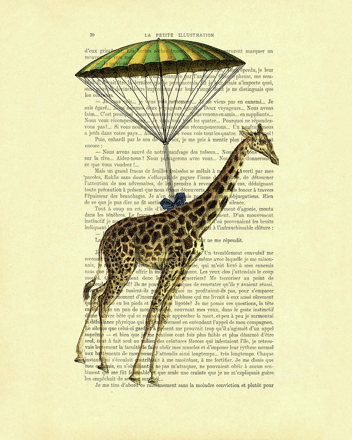 Vintage Mixed Media - Giraffe Hanging From Parachute by Madame Memento