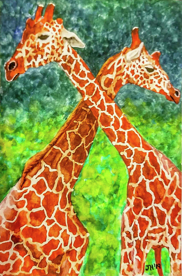 Giraffe Hug Painting by Jean Haynes