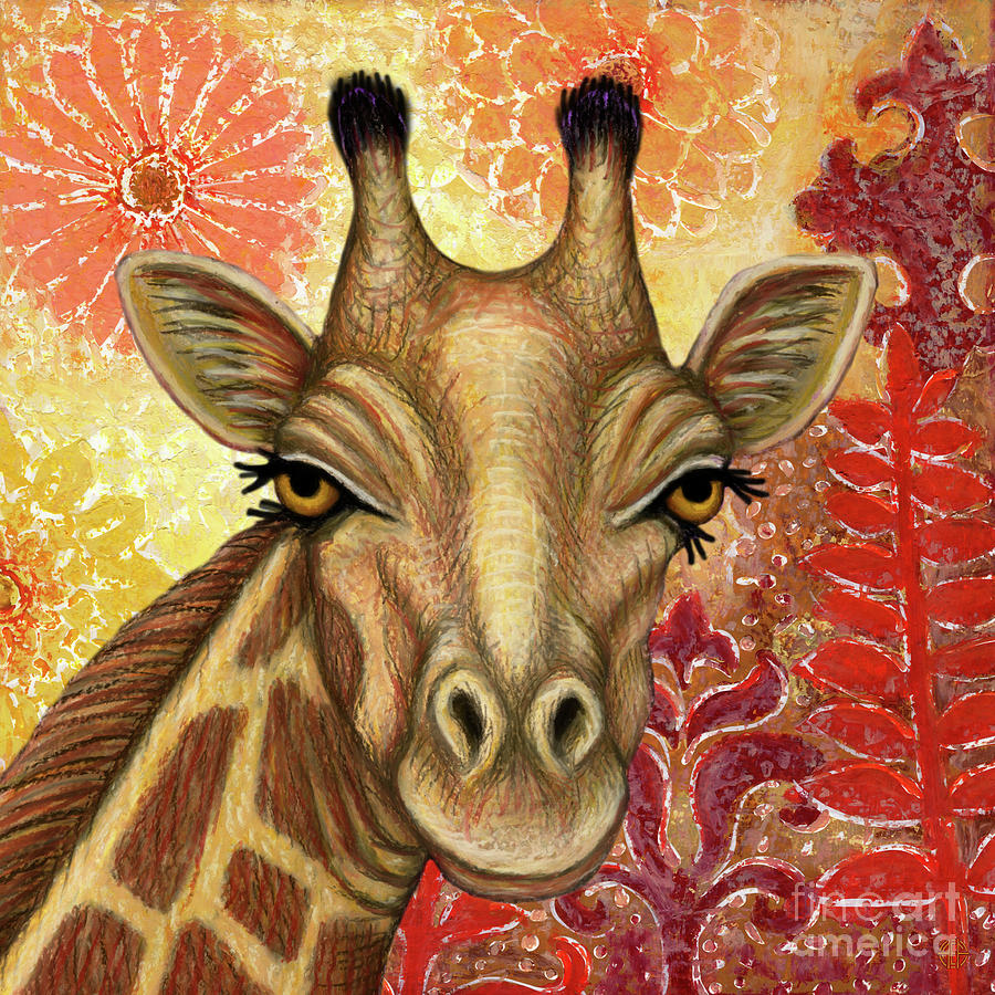 Giraffe In Sunny Florascape Painting by Amy E Fraser