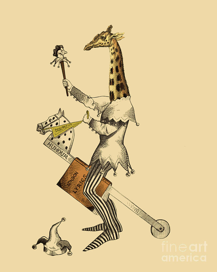 Animal Digital Art - Giraffe Jester With Hobbyhorse by Madame Memento