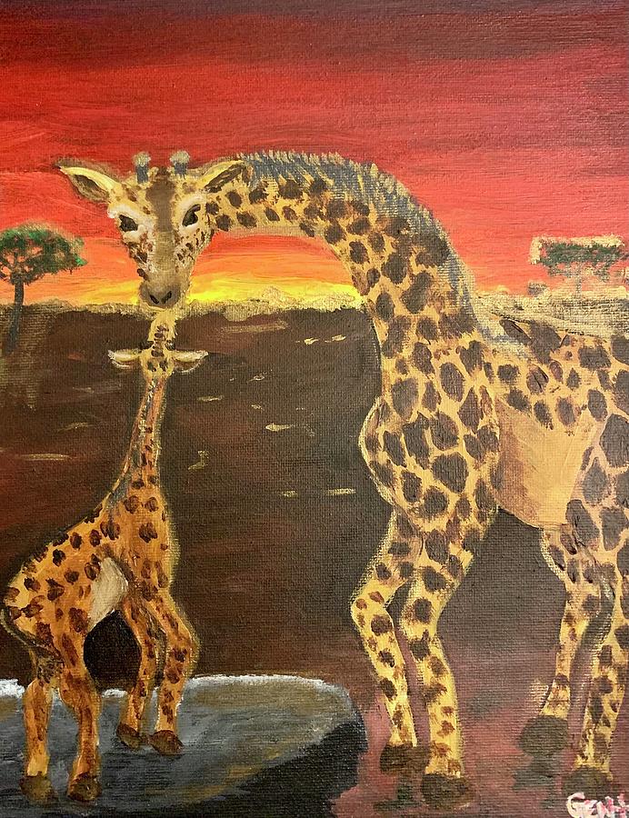 Giraffe Kiss Painting by Genene Griffiths Ortiz