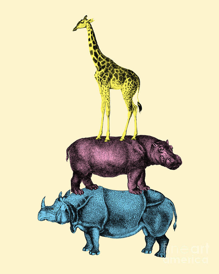 Animal Digital Art - Giraffe, Rhino And Hippo by Madame Memento