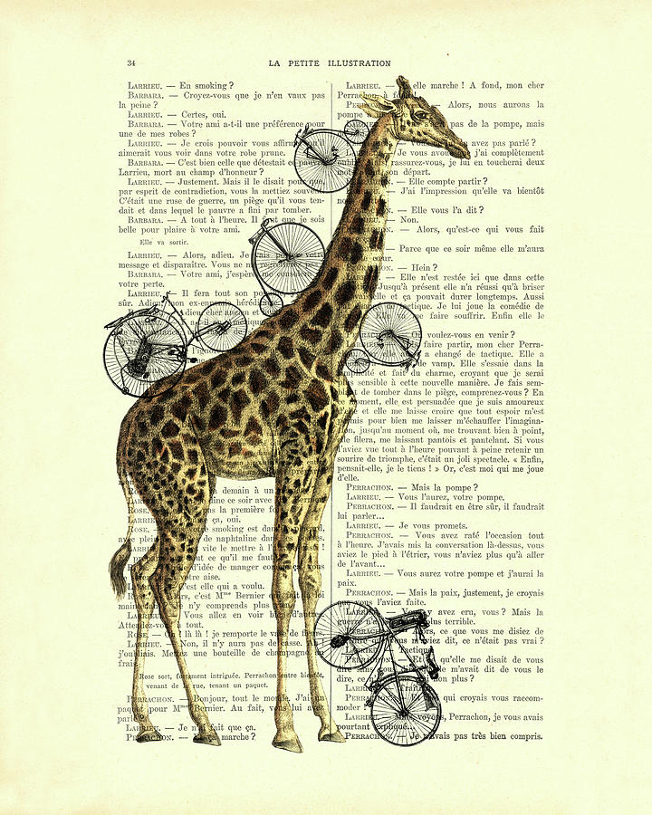 Fantasy Digital Art - Giraffe with antique bicycles, fantasy wildlife animal decor  by Madame Memento