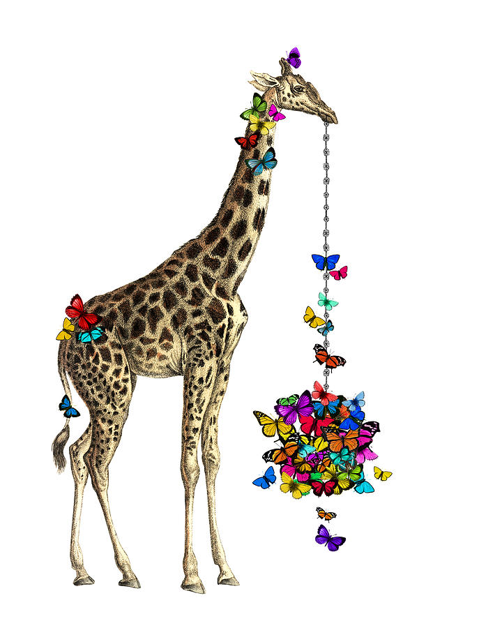 Giraffe with colorful rainbow butterflies Digital Art by Madame Memento