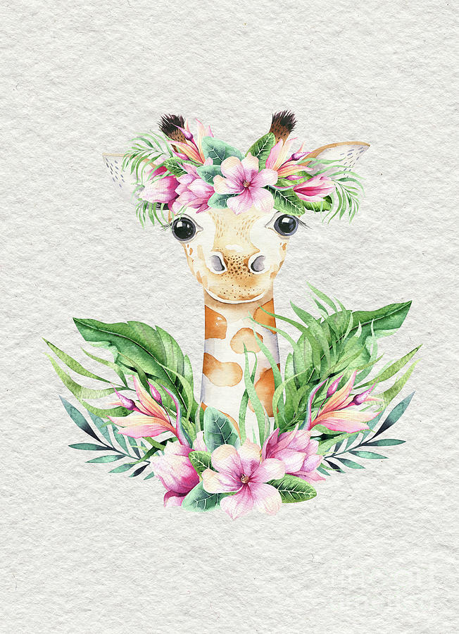 Giraffe With Flowers Painting by Nursery Art
