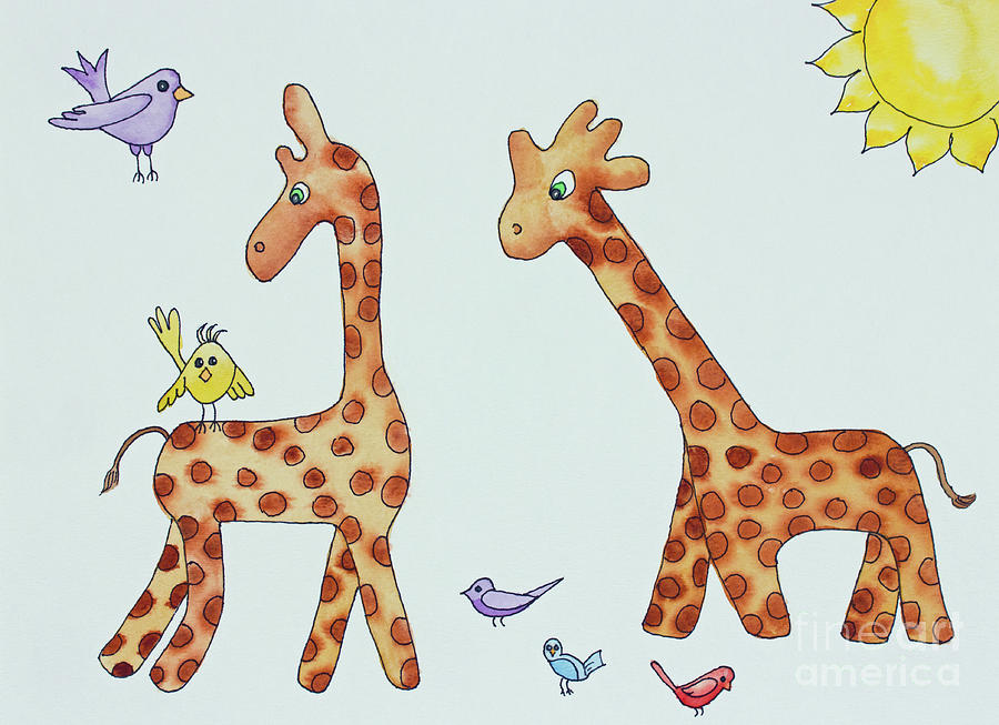 Giraffes and Bird Friends Painting by Norma Appleton