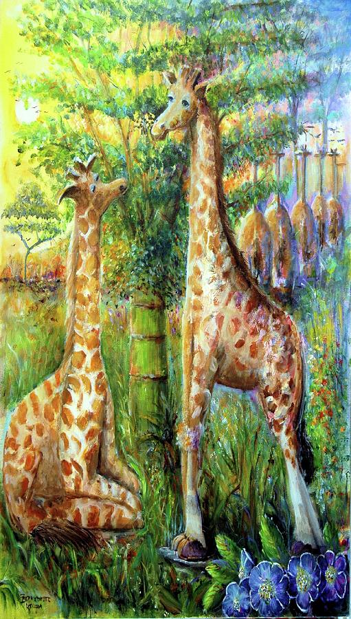 Giraffes II Underneath Bamboo Tree Painting by Bernadette Krupa