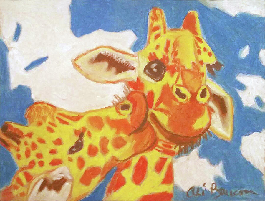 Two Giraffes, One Giraffe is Kissing Another on its Cheek Pastel by Ali Baucom