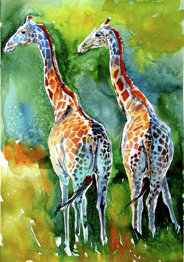 Wildlife Painting - Giraffes on the field by Kovacs Anna Brigitta