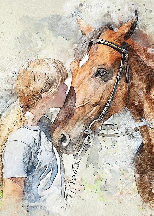 Horse Digital Art - Girl and a Horse by Alex Pyro