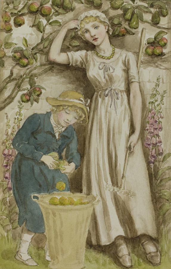 Girl and Boy Picking Apples Drawing by Kate Greenaway