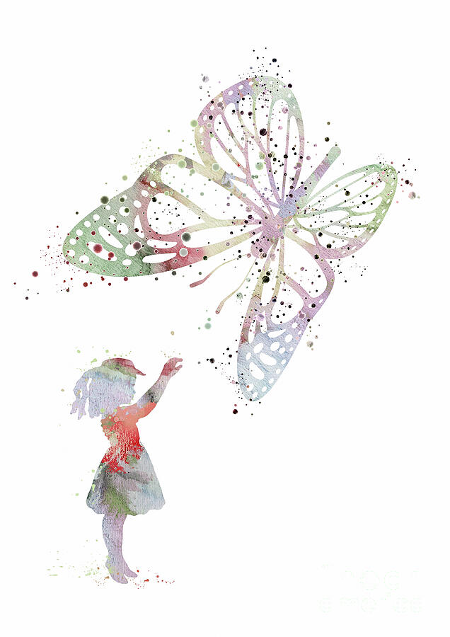 Girl and Butterfly Playful Colorful Artwork Digital Art by White Lotus