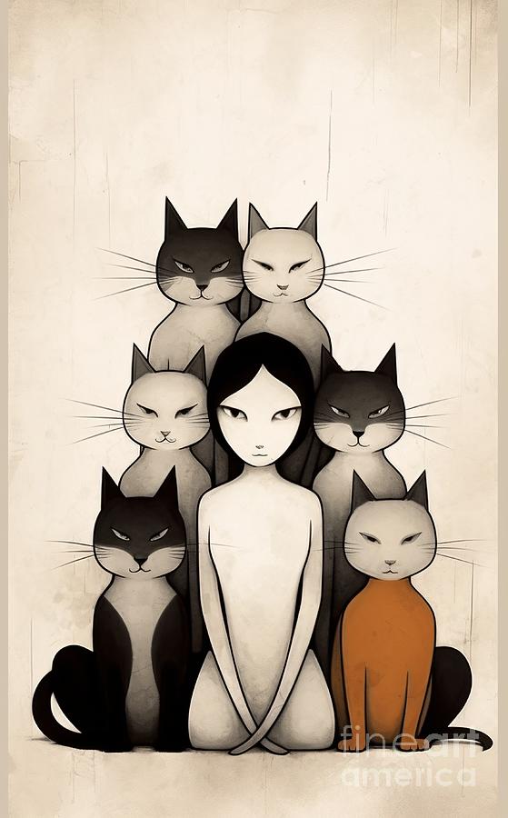 Cat Painting - Girl and Cats by Stylish Stacks