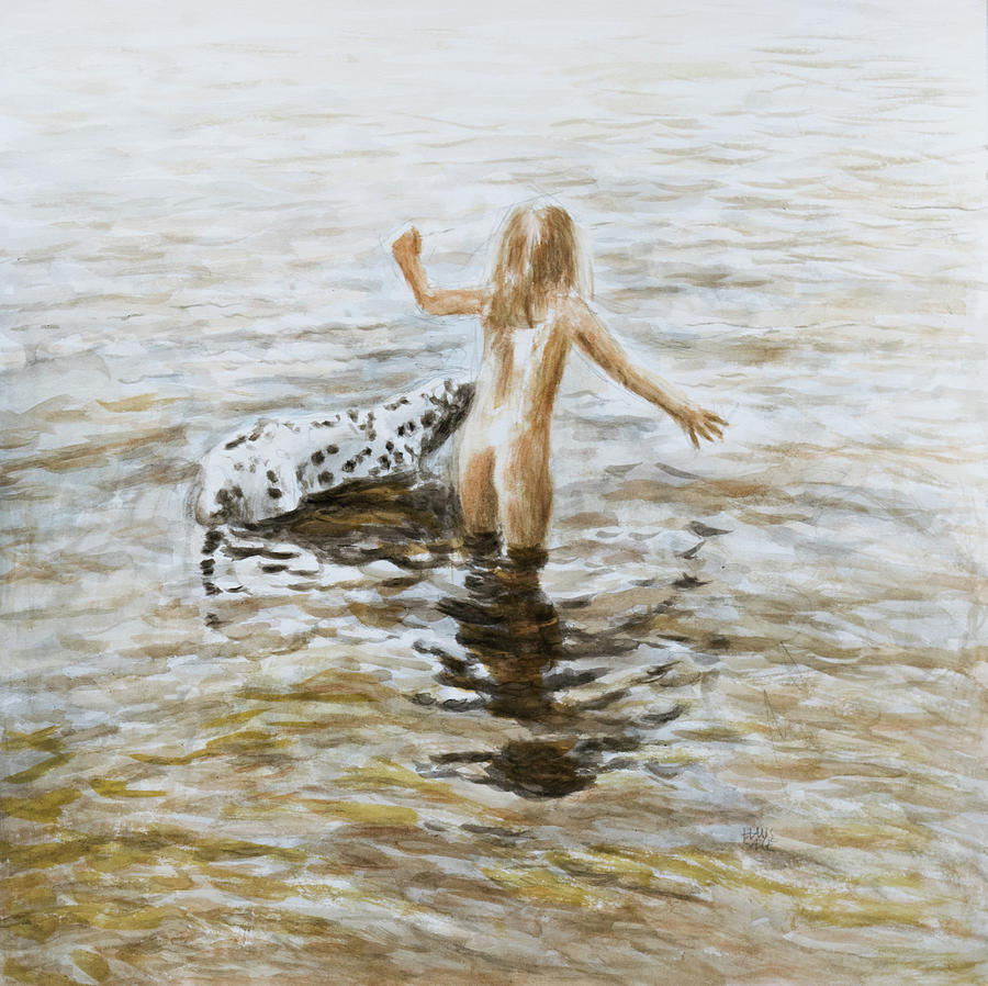 Girl and Dalmatian Dog Bathing Painting by Hans Egil Saele