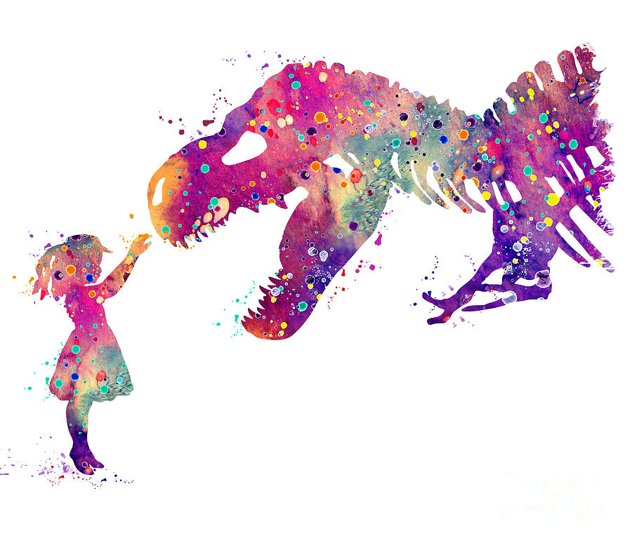 Girl and Dinosaur Tyrannosaurus Rex Art Painting Colorful Watercolor Gift Kids Room Decor Digital Art by White Lotus