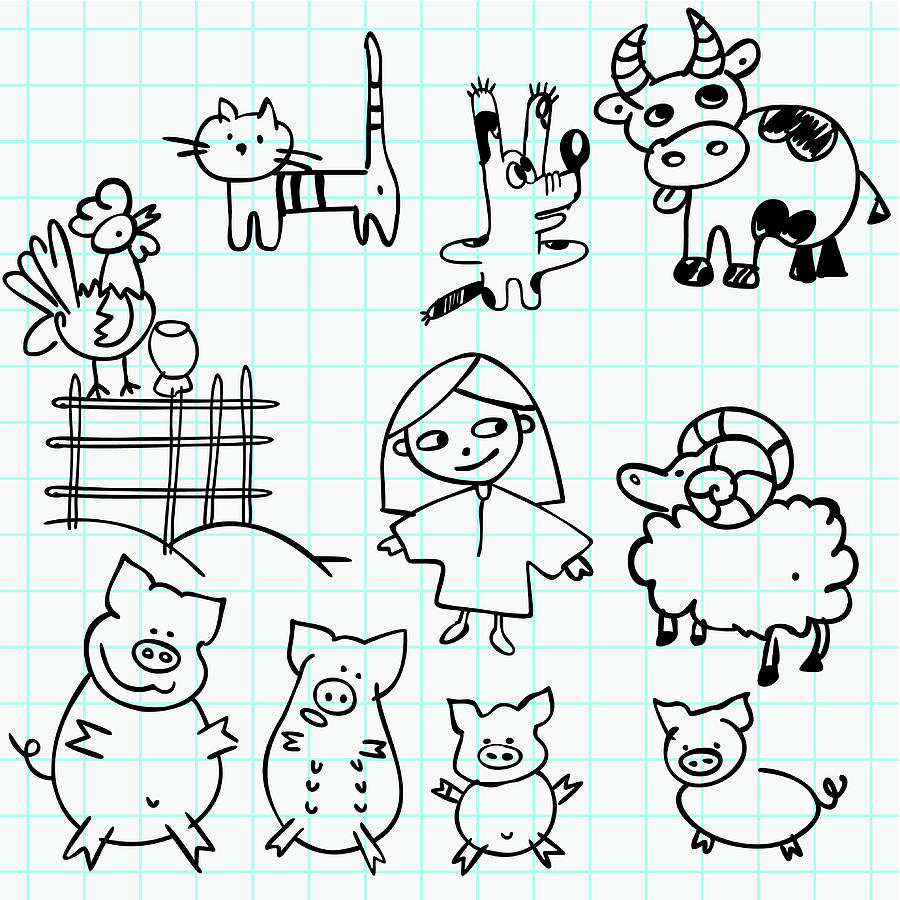 Girl and farm animals doodles Drawing by Chuvipro