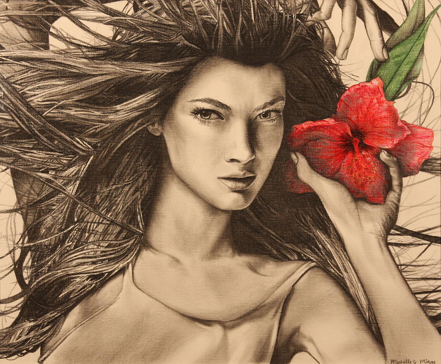 Girl and Hibiscus  Drawing by Michelle Miron-Rebbe