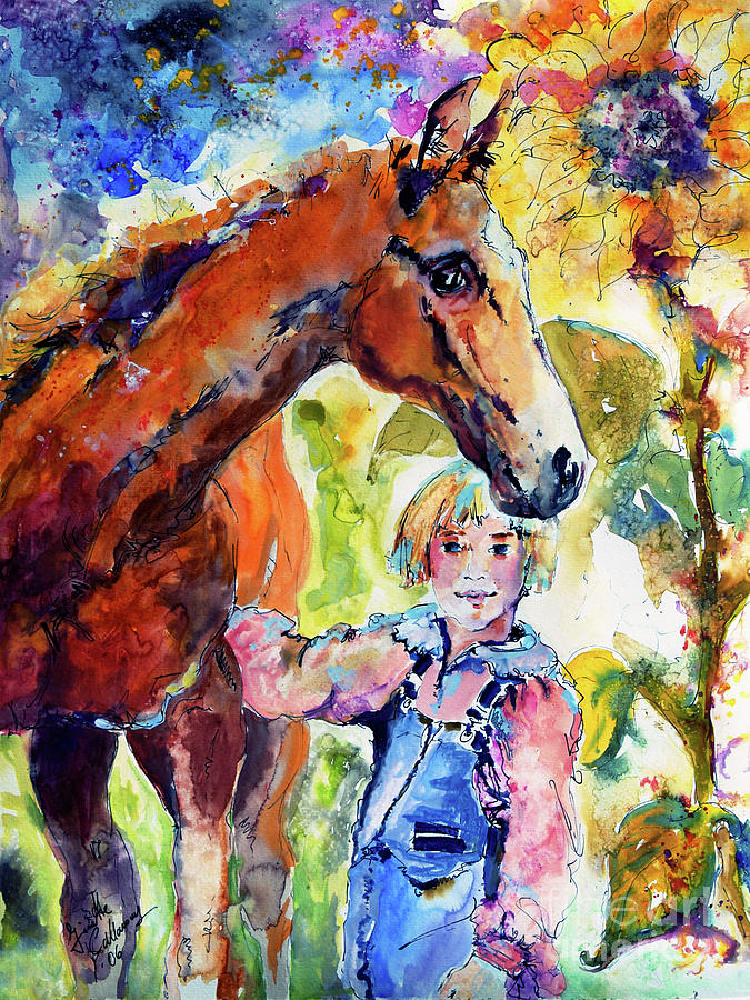 Girl and Horse Watercolors vibrant colors Painting by Ginette Callaway