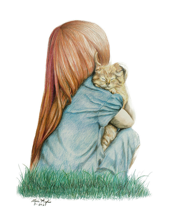 Cat Drawing - Girl and Kitten by Lena Auxier