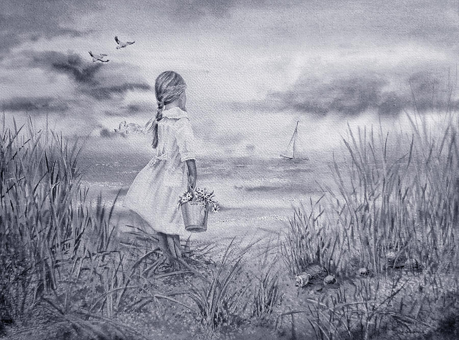 Girl And The Ocean Painting In Silver Gray Black And White Watercolor Painting by Irina Sztukowski