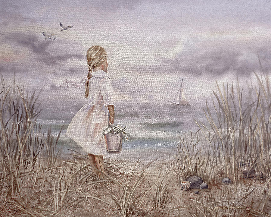 Girl And The Ocean Vintage Monochrome  Painting by Irina Sztukowski