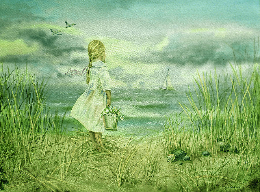 Girl And The Ocean Watercolor Painting In Calm Green Tones  Painting by Irina Sztukowski