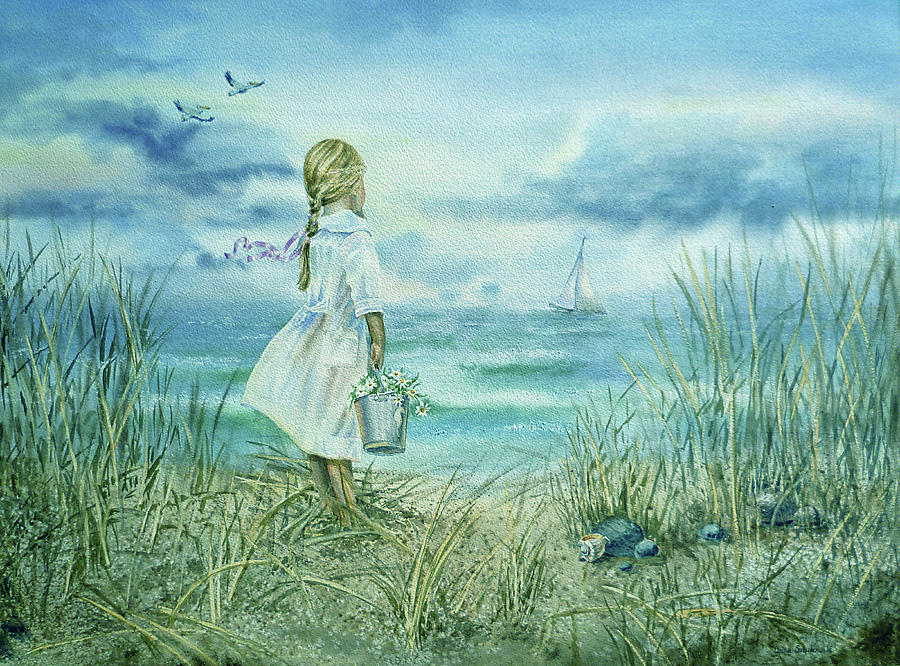 Girl And The Ocean Watercolor Painting In Calm Teal Blue Tones  Painting by Irina Sztukowski