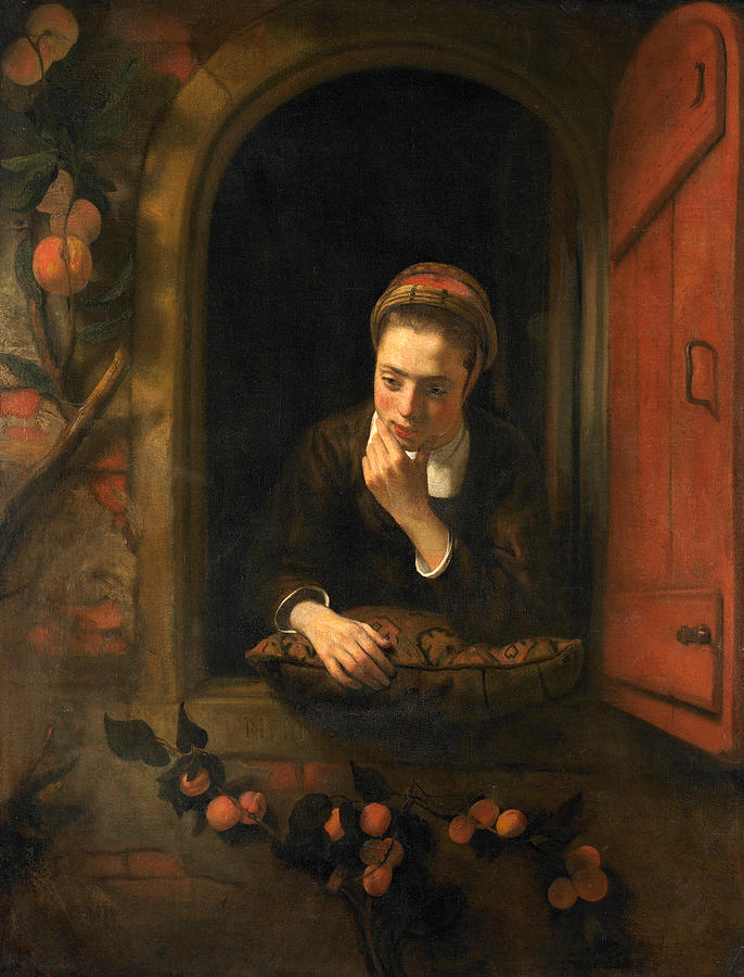 Girl at a window Painting by Nicolaes Maes