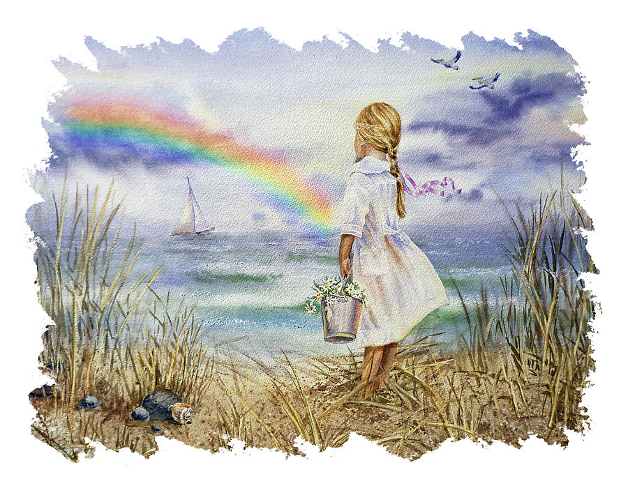 Girl At The Ocean Shore Watching The Rainbow And Boat Watercolor Seascape  Painting by Irina Sztukowski