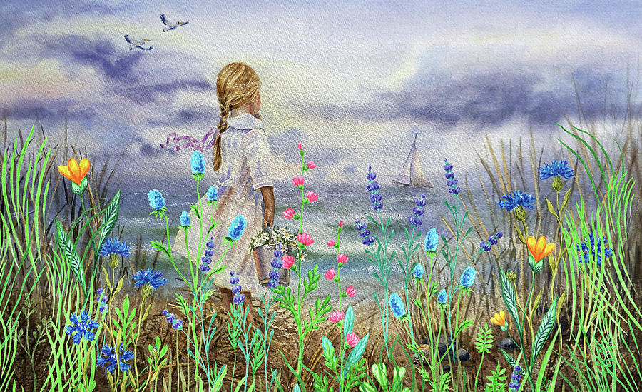 Girl At The Ocean Through Wildflowers Field Summer Beach Art Painting