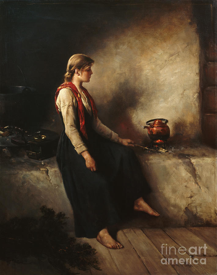 Girl by the fireplace Painting by O Vaering by Axel Ender