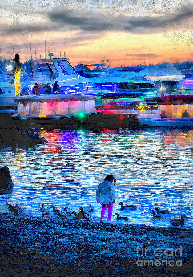 Girl by the Lake with Holiday Lights Photograph by Sea Change Vibes