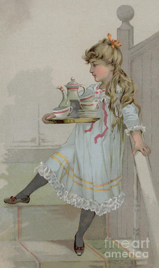 Girl carrying a pot of coffee on a tray Painting by American School