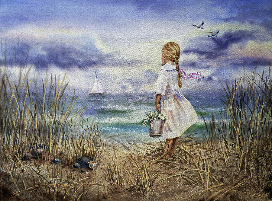 Girl Dreaming Of The Ocean Beach And Sailing   Painting by Irina Sztukowski