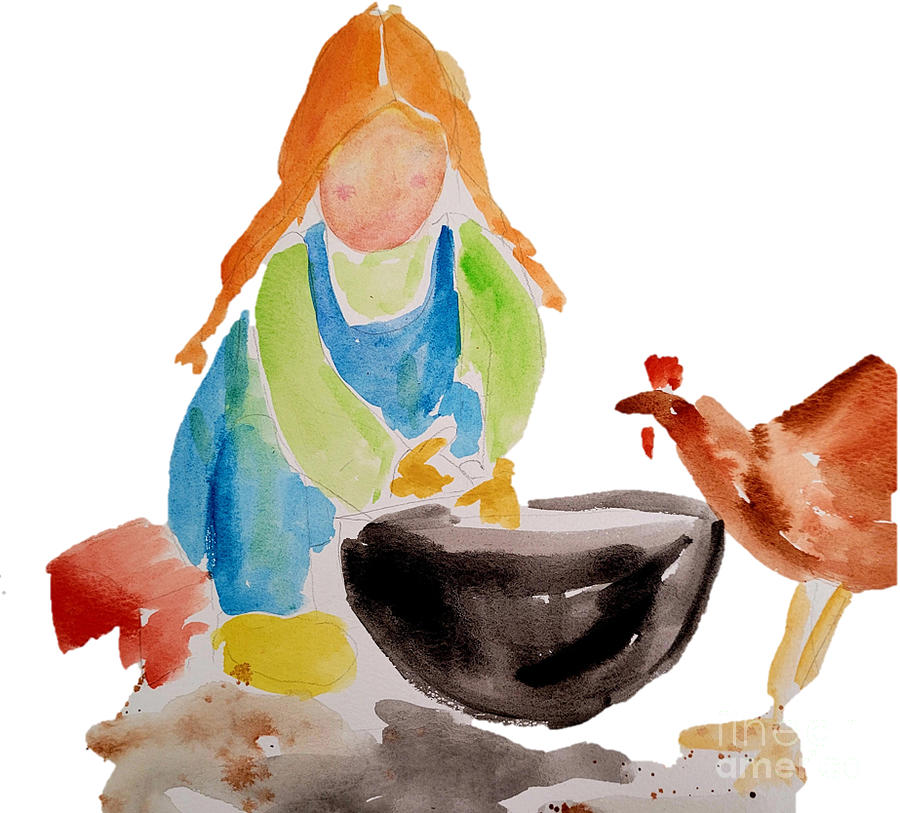 Girl Feeding Rooster Painting