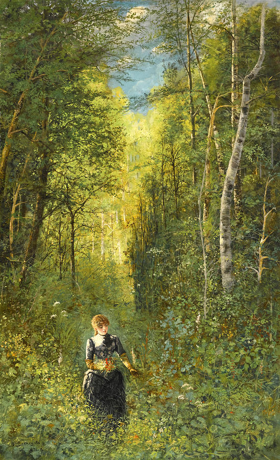 Girl gathering flowers in the woods Painting by Attributed to Viktor Vasnetsov