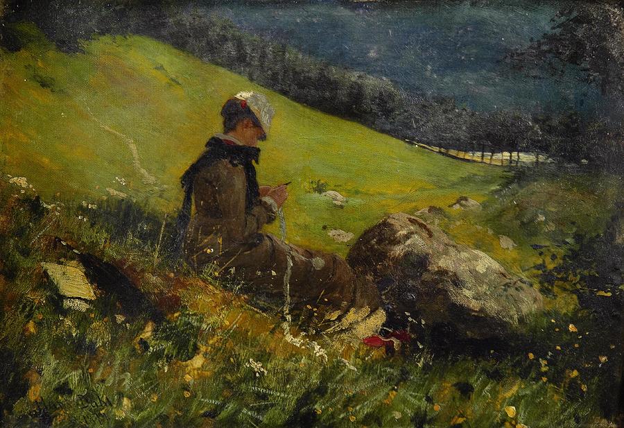 Johan Christian Dahl Drawing - Girl In A Field Knitting  art by Hans Dahl Norwegian