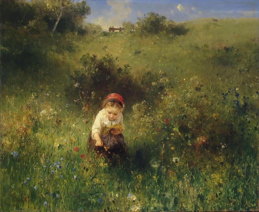 Girl in a Field. Painting by Ludwig Knaus