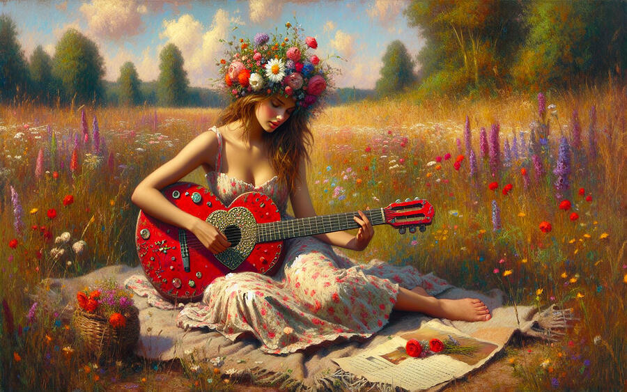 Girl in a Field of Wildflowers Playing a Red Guitar Photograph by Bill Cannon