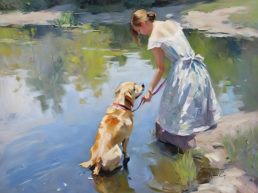 Girl in Blue Dress and her Dog at Pond Digital Art by Kathleen Burkhart ...