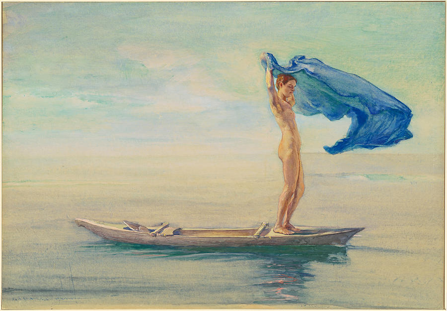 Girl in Bow of Canoe Spreading Out Her Loin-Cloth for a Sail, Samoa Drawing by John LaFarge